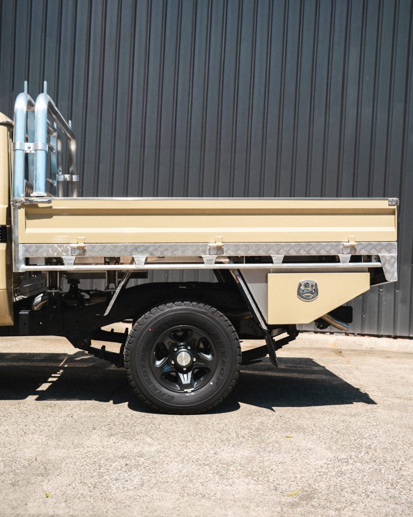 Taupe 79 Series Landcruiser with Buffalo Tray and departure angle boxes